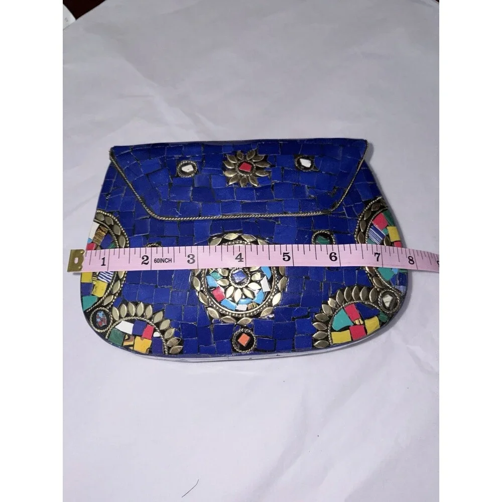 Ramla Stunning Blue Mosaic Clutch Crossbody Bag With Gold Chain B12 - Picture 6 of 9